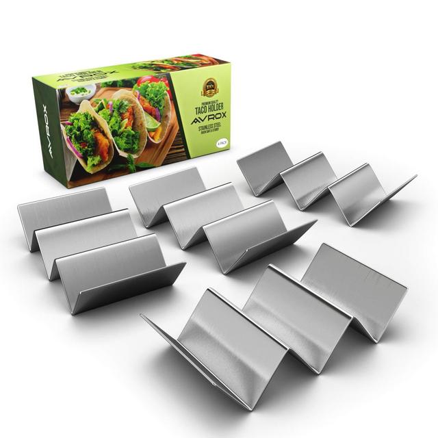 Pack of 4 - Stainless Steel Taco Holder Stand - Truck Tray Style - Each Rack Holds Up to 3 Tacos - Oven, Grill Dishwasher Safe - Size 8 x 4 x 2