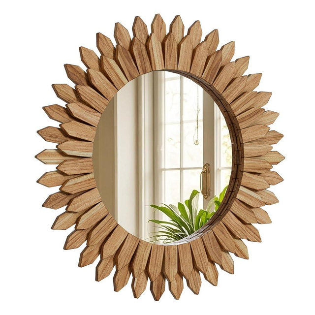 VETROVUE 24 Inch Brown Boho Wall Decor Sunburst Mirror - Round Wooden Wall Decor, Handmade Rustic Circular Mirror for Living Room, Bedroom, Entryway, Office