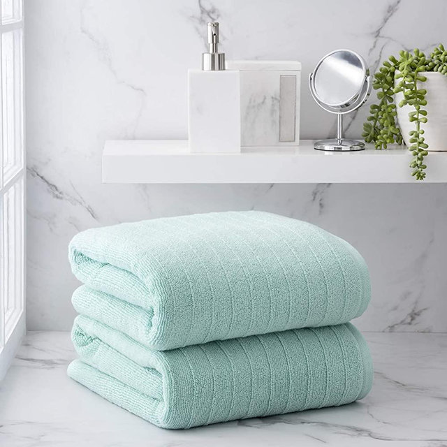 Welhome James 100% Cotton 2 Piece Bath Sheets | Light Aqua | Stripe Textured | Supersoft & Durable | Highly Absorbent & Quick Dry | Ideal for Everyday Use | 450 GSM | Machine Washable