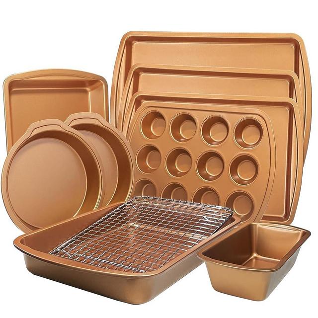 Baking Pans Set with Nonstick Coating, Professional Ultrathick 10 Pcs Including Cake Pans, Cookie Sheets, Roasting Pan, and Cooling Rack - 0.8mm Thick, Dishwasher Safe, and Heavy Duty (Golden)