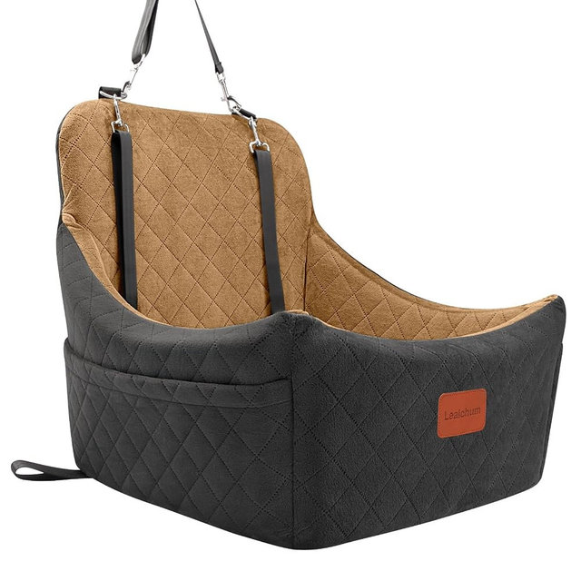 Lealchum Dog Booster Car Seat for Medium Dogs Up to 40lbs Pets,Easy to Install,Fully Detachable and Washable,Anti-Slip Base,Snug Puppy Car Seat with 2 Clip-On Leashes(Black/Coffee,Medium)