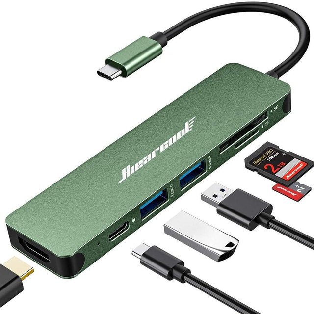 Hiearcool USB C Hub, USB-C Adapter, 7 in 1 USBC to HDMI Multi-Port Adapter Dongle Compatible for Thunderbolt 3 4 MacBook Pro Air Dell Lenovo HP Laptops and Other Type C Devices-Green