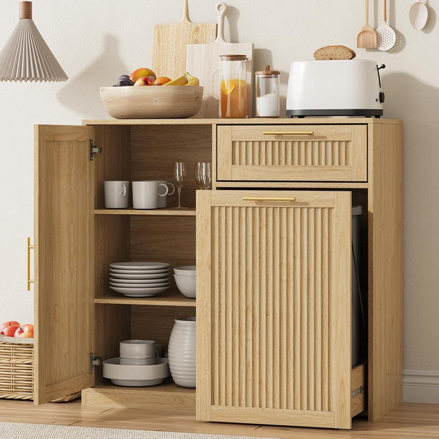 METOTI 13 Gallons Pull Out Trash Can Cabinet with Storage, Fluted Kitchen Trash Cabinet with Adjustable Shelf & Drawer, Hidden Wood Pet Proof Trash Can Holder for Laundry, Living Room, Natural Oak