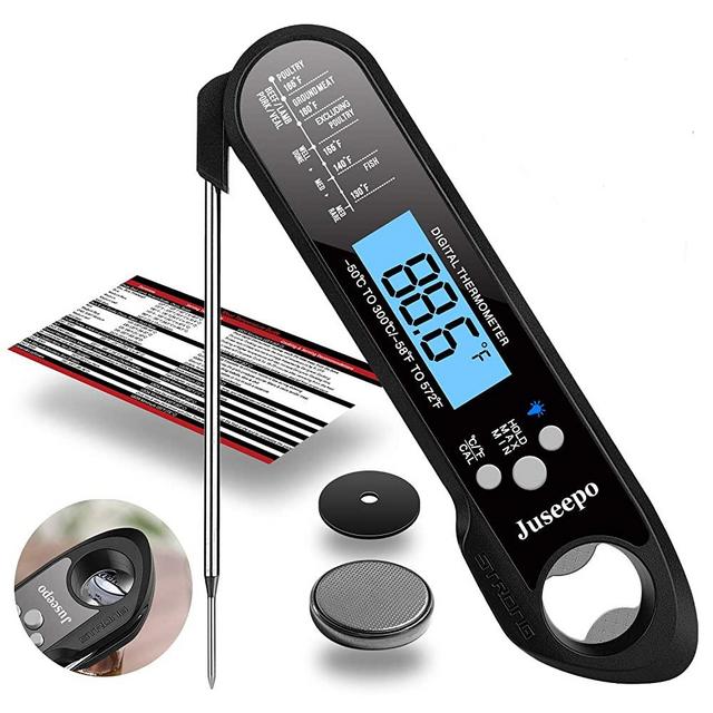 Juseepo Waterproof Digital Instant Read Meat Thermometer - Ultra Fast Thermometer with Backlight & Calibration for Kitchen, Outdoor Cooking, Grill BBQ, and Liquids(Black)