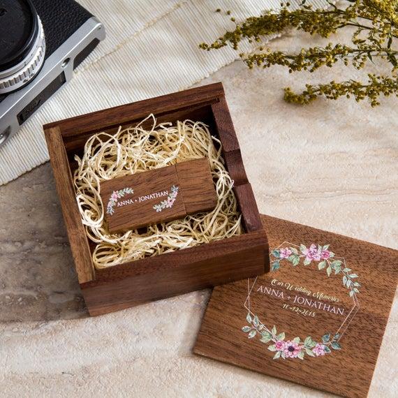 Color Floral Wide USB Drive & Square USB Box Set Walnut Wood - Personalized Engraved Usb Flash Drive - Wedding Photography Video USB