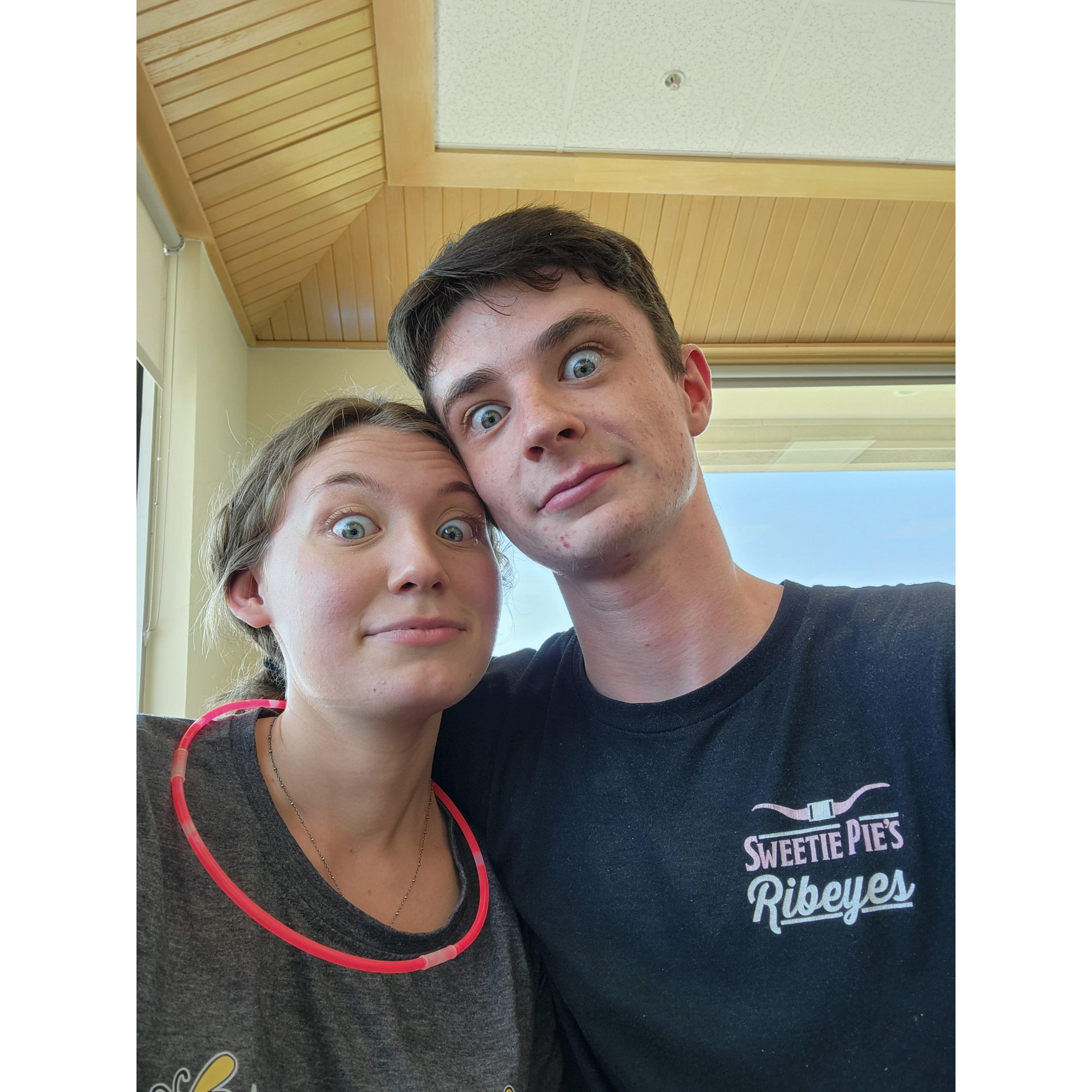 Shenanigans before work. You may notice the same necklace from the mall! After beating me so brutally in putt putt he won this necklace, a token which we exchange often.