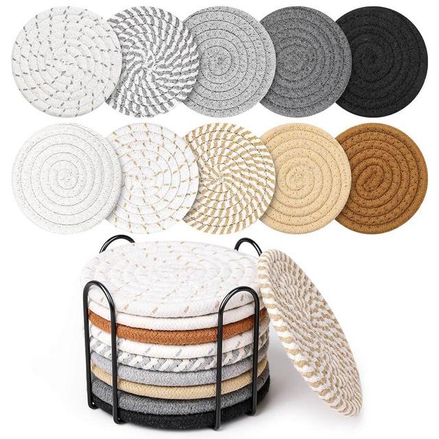 Billbotk 10 Pieces Coasters for Drinks, 10 Colors Absorbent Drink Coasters with Holder, Table Coaster Set for Home Decor, Apartment Decor Aesthetic, Living Room Essentials, 4.3 Inches