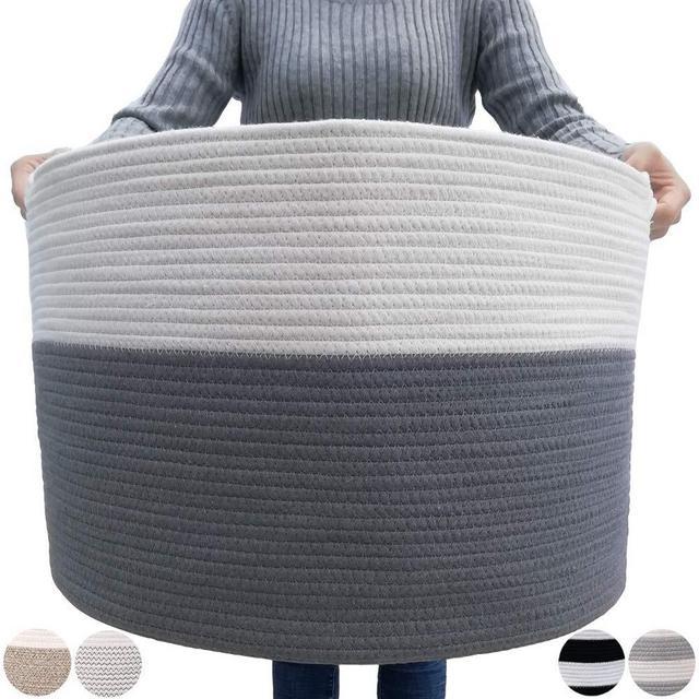 GOCAN Extra Large Laundry Basket 22" X 22"X 14" XXXL Cotton Rope Woven Basket for Blankets Storage Basket with Handles for Living Room (Grey/Beige) XXXL