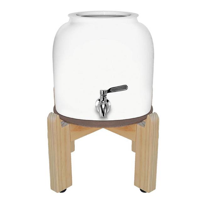 Geo Sports Porcelain Ceramic Crock Water Dispenser, 8 Inch Wood Stand, Stainless Steel Faucet, Fits 3 to 5 Gallon Jugs. (White)
