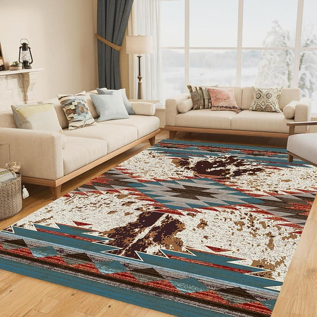 Combo Rustic Western Texas Star 5x8 ft Area Rug for Kitchen Living Room, Bedroom Laundry Room, Washable Non-Slip Low Pile Print Pattern Southwestern, Aztec, Native Tribal American Indian Inspired