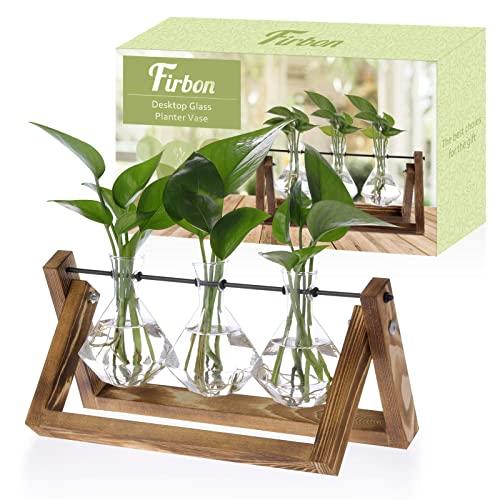 Firbon Plant Propagation Station, 3 Diamond Glass Planter Bulb Vase, Desktop Air Plant Terrarium with Solid Wooden Stand & Metal Swivel Holder for Hydroponics Plants Home Office Garden Decor