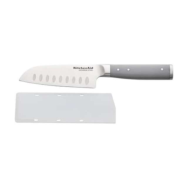 KitchenAid Gourmet Forged Santoku Knife with Custom-Fit Blade Cover, Sharp Kitchen Knife, High-Carbon Japanese Stainless Steel Blade, 5 Inch, Gray