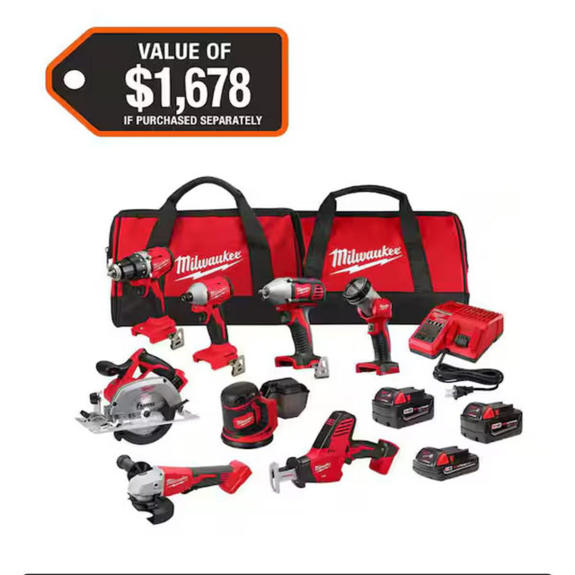 Milwaukee M18 18V Lithium-Ion Cordless Combo Kit (8-Tool) with (3) Batteries, Charger and Tool Bag 3692-28S