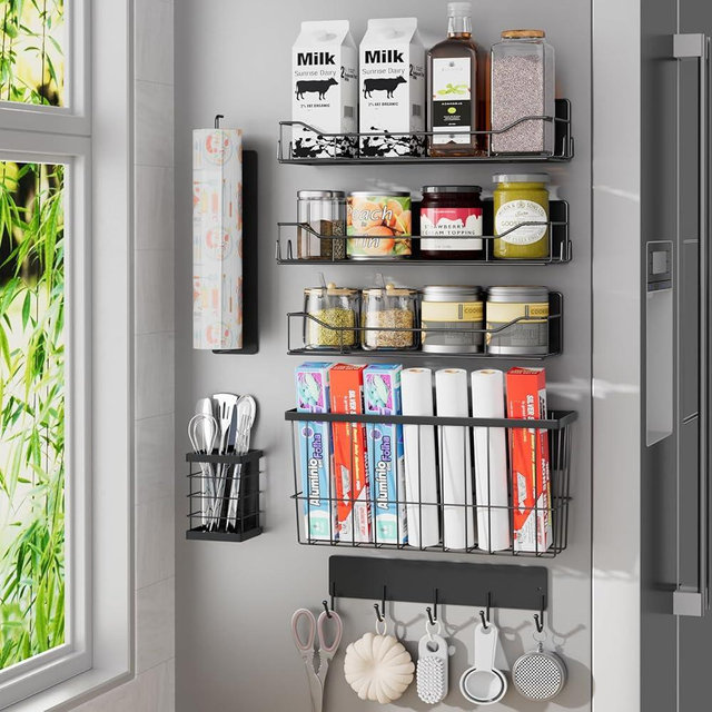 IYEBAU Magnetic Spice Rack for Refrigerator, 7 Pack Magnetic Fridge Shelf for Kitchen Organization Storage, Moveable Spice Organizer W/Paper Towel Holder, Utensil Caddy, Cutting Board Rack (Black)