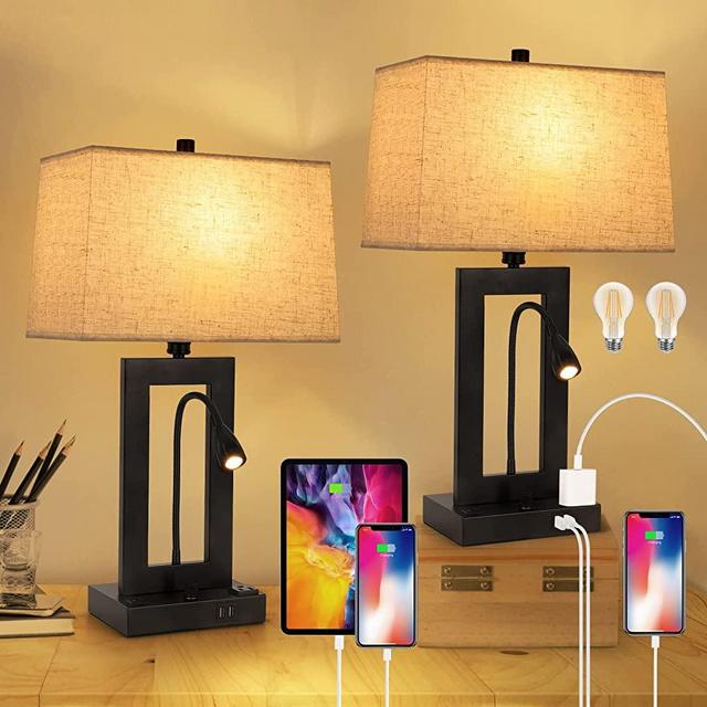 TRLIFE Table Lamps Set of 2, Dimmable Table Lamps with USB Charging Ports and AC Outlet, Fully Dimmable Modern Nightstand Lamp with Fabric Lampshade for Bedside Reading Living Room(2 Bulbs Included)