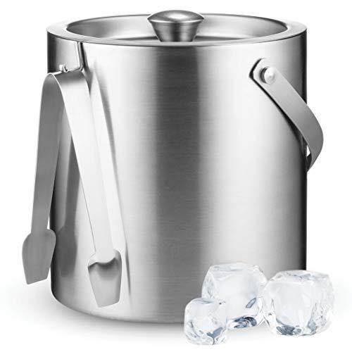 Double-Wall Stainless Steel Insulated Ice Bucket With Lid and Ice Tong [3 Liter] Included Strainer Keeps Ice Cold & Dry, comfortable Carry Handle, Great for Home Bar, Chilling Beer, Champagne and wine