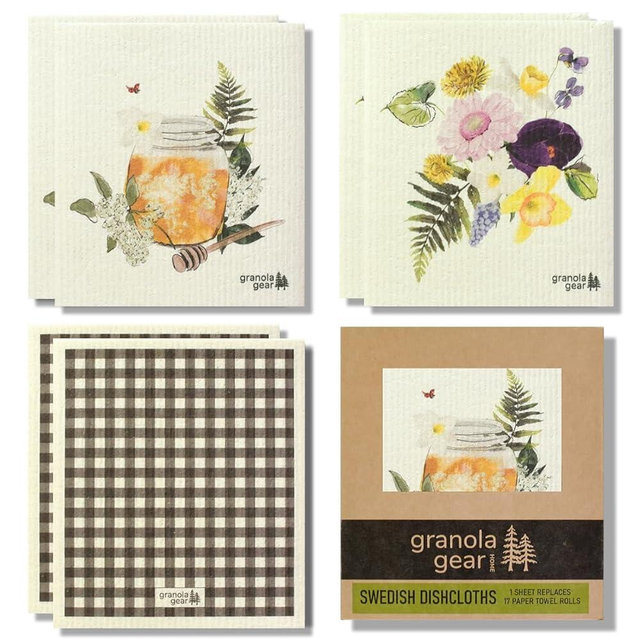 granola gear Swedish Dishcloths for Kitchen 6-Pack Reusable Paper Towels, Eco-Friendly, Compostable, Biodegradable Dish Wash Cloths, Washable Sponge, Watercolor Honey Art-Sweet as Can Bee