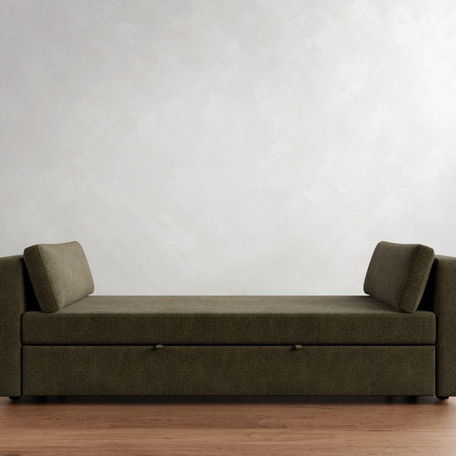 Jake Modular Upholstered Trundle Daybed Sleeper, PLY CSH, Rustic Chenille Dark Moss