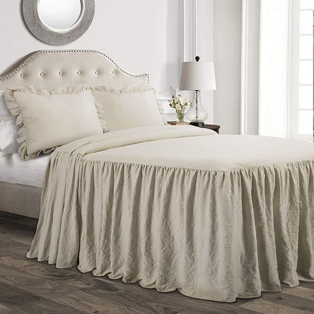 Lush Decor Neutral Ruffle Skirt Bedspread Shabby Chic Farmhouse Style Lightweight 3 Piece Set King