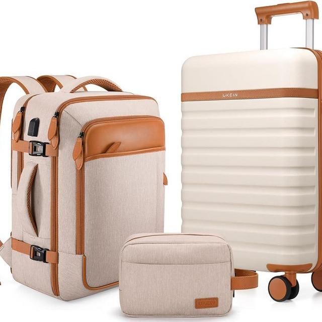 UKEIN Luggage Sets 3 Piece, Carry On Luggage 20 Inch With Spinner Wheels,PC Hardside Suitcase Set with TSA Lock, Durable Carry On Suitcase With Travel Backpack for Men Women (White)