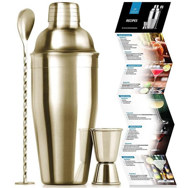 24oz Cocktail Shaker Set - Professional Drink Shaker & Margarita Mixer Set With Jigger & Cocktail Spoon Included - Stainless Steel Cocktail Mixer Set - Bar Shaker Kit With Recipe Booklet (Gold)