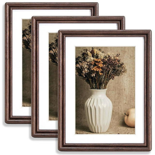 RICHFOCUS 6x8 Picture Frame Set of 3, Natural Solid Walnut Wood Picture Frame with High Tempered Glass, Handcrafted Rounded Corner 6 by 8 Wooden Frame Matted to 5x7 Photo for Wall & Tabletop Display