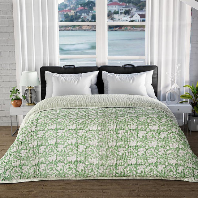 Ridhi Block Print Quilted Sage Green Reversible Throw Blanket 100% Cotton Quilt,Cover for Couch and Bed, Sage Lap Bedding Coverlet, Luxury Oversized Quilted Throw King 96" X 106"