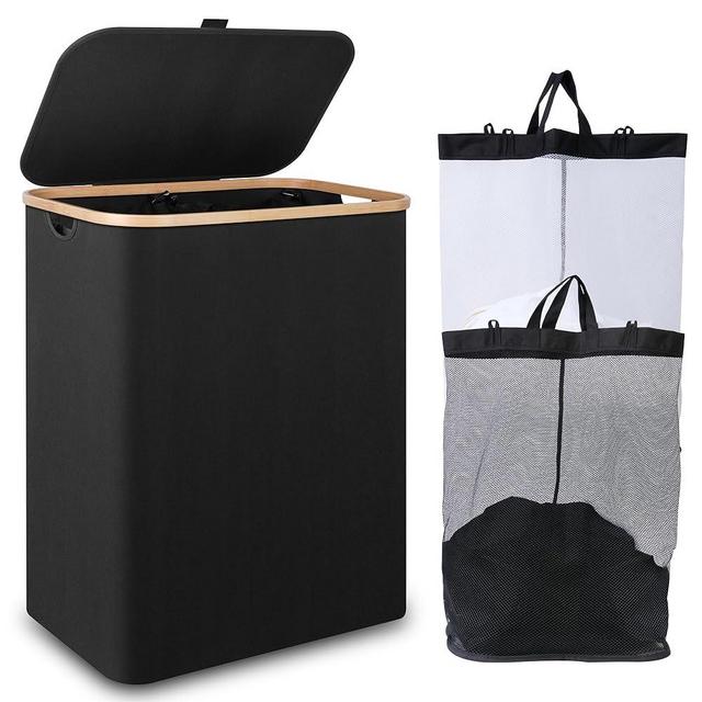 iEGrow 150L Laundry Basket with Lid,Large Laundry Hamper with Bamboo Handles, Black Hampers for Laundry, Dirty Clothes Hamper with 2 Removable Inner Bags for Clothes Toys Towels