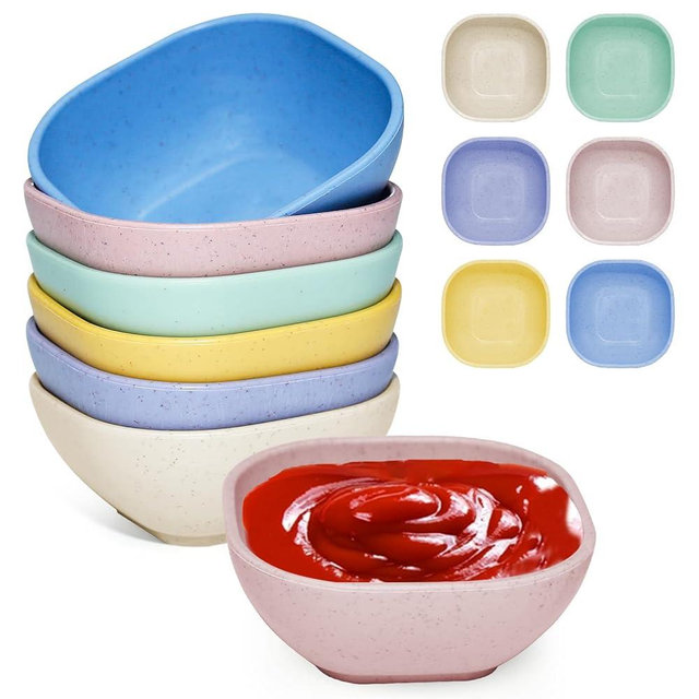 SHECIPIN 6 Pack Small Plastic Bowls 4.5 OZ Unbreakable Wheat Straw Dipping Bowls，plastic ramekins, Assorted Colors Dipping Sauce Cups, dip cups， Dessert, Ketchup