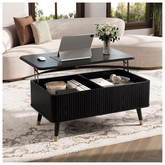 JOINICE Lift Top Coffee Table, Mid Century Modern Coffee Table with Hidden Compartment, Fluted Lift Tabletop Center Table for Living Room, Home Office, Black