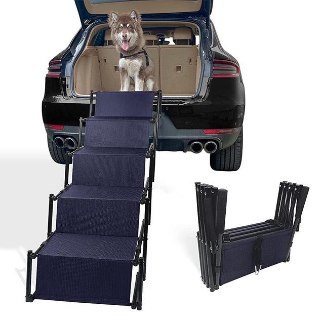 Petshug 4/5 Steps Upgraded Nonslip Portable Dog Stairs for Medium and Large Dogs, Lightweight Sturdy Metal Frame Dog Car Ramps for Trucks, SUVs and High Beds, Adjustable Pet Ladder with Shoulder Strap
