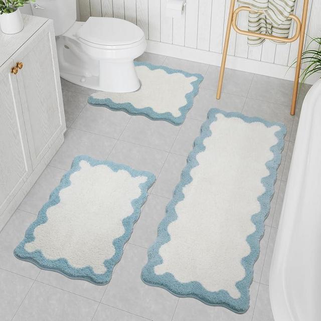Uphome Blue Bathroom Rug Set Scalloped Non-Slip Absorbent Bathroom Mats Sets 3 Piece Cute Plush Machine Washable Shower Mat with U-Shaped Contour Toilet Rug for Shower Toilet Sink