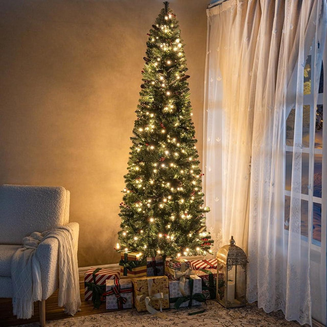 Naomi Home 7.5ft Pencil Christmas Tree with Lights, Realistic Pre-Decorated Slim Christmas Tree Prelit with 1099 Branch Tips, 350 Warm Lights and Metal Stand, Aritificial Xmas Tree