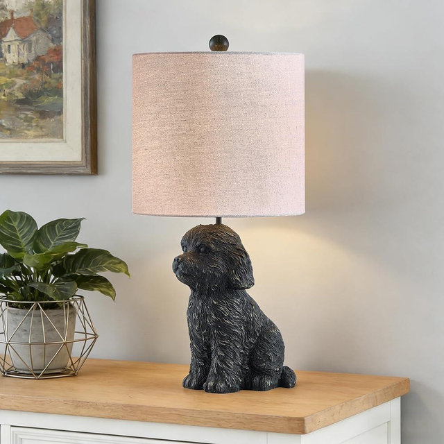 Crestview Collection 24" Bronze Doodle Dog Table Lamp, Resin Desk Lamp with Linen Shade,Cute Bedside Lamp for Bedroom,Nightstand Lamps for Living Room,Unique Aesthetic Home Room Decor Gifts