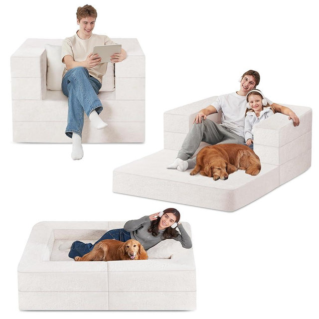 Cansunna Folding Bean Bag Chair for Adults,3-in-1 Bean Bag Couch Faux Fur Floor Sofa Large Beanbag Convertible Bean Bag Sofa Bed with Pillow in Bedroom,Living Room,Apartment(Twin,Milky White)