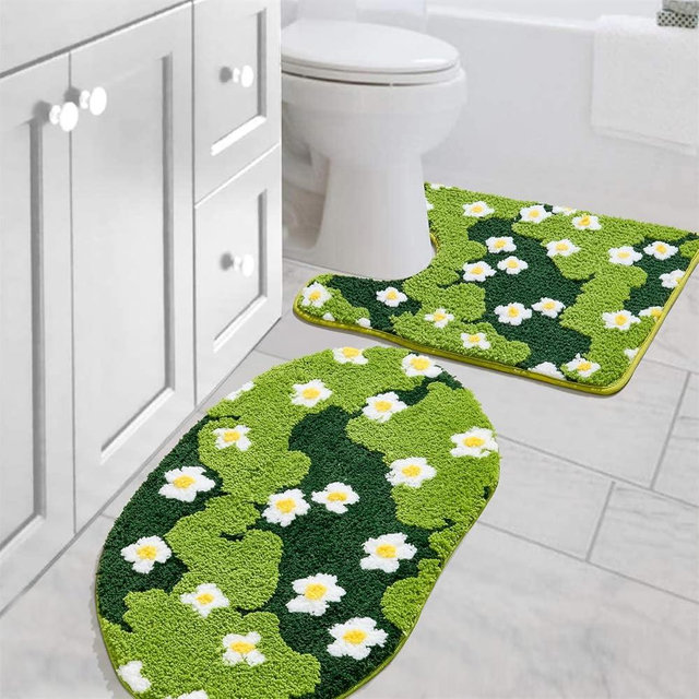 Moss Floral Bathroom Rugs Set 2 Piece, Non Slip Microfiber Green Grass Flowers Bath Mat 20x32 + Contour Toilet Rug 20x24 Machine Washable Great Absorbent, Cute Boho Aesthetic Bath Mat Set for Bathroom