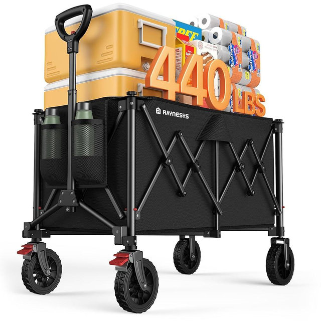 Collapsible Foldable Wagons, 440lbs Capacity Wagons Carts Foldable with All-Terrain Wheels, Heavy Duty Foldable Wagon, Utility Wagon Carts with Brakes for Camping, Sports, Shopping, Grocery, Black