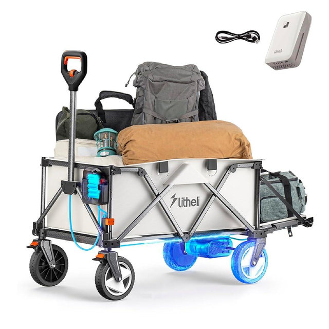 Litheli Electric Wagon Cart with 1 Battery, All-Terrain Wheels & Variable Speed | 200L Capacity, 300 lbs Heavy-Duty Utility Wagon for Camping Beach Garden Shopping, SE-Beige
