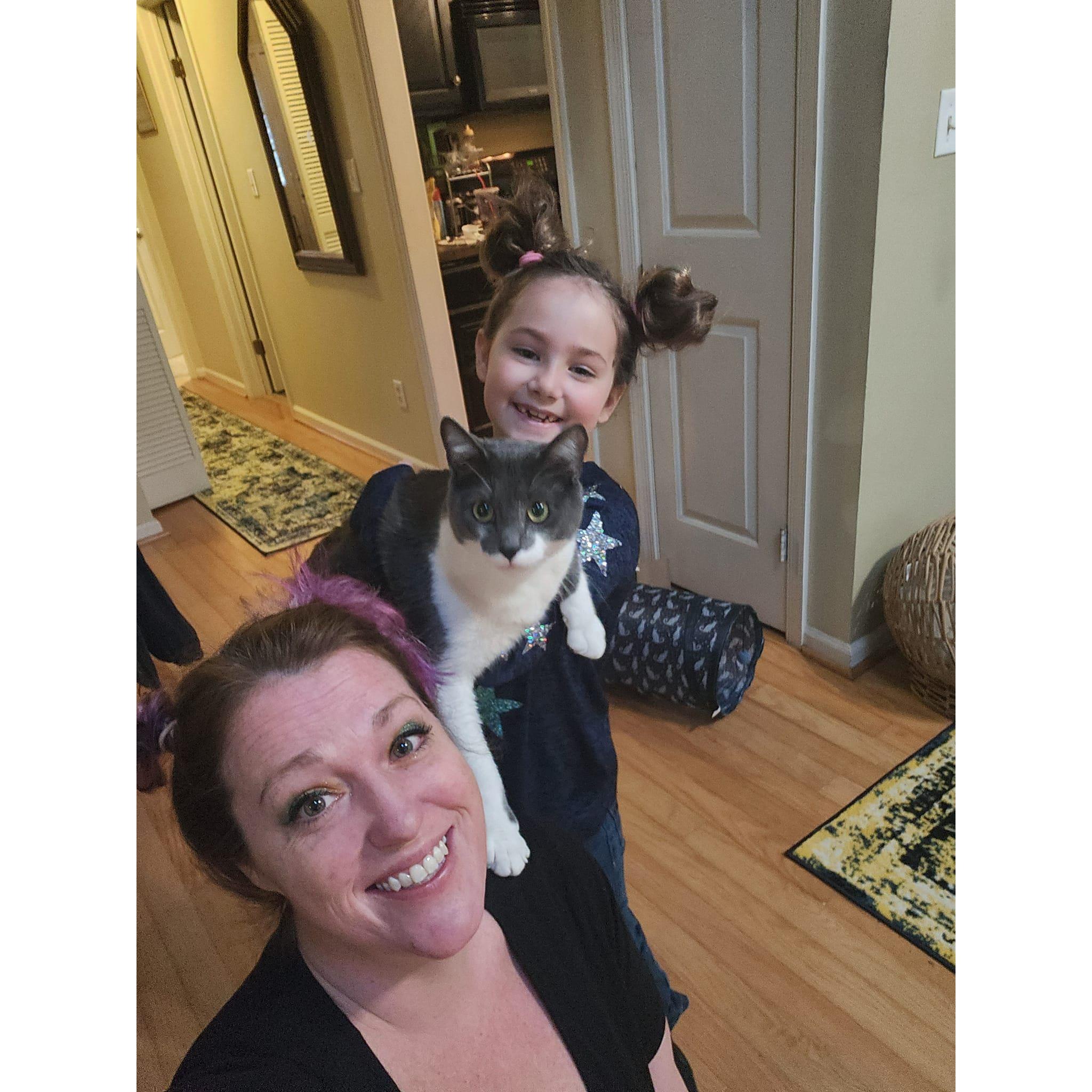 James got a cat then moved in. Scarlett then got her furry bestie