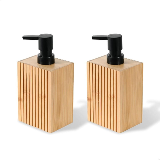 2 Pack Natural Fluted Bamboo Liquid Soap Dispenser, 10 oz Rectangular Ribbed Refillable Pump for Bathroom or Kitchen Countertop Decor, Natural