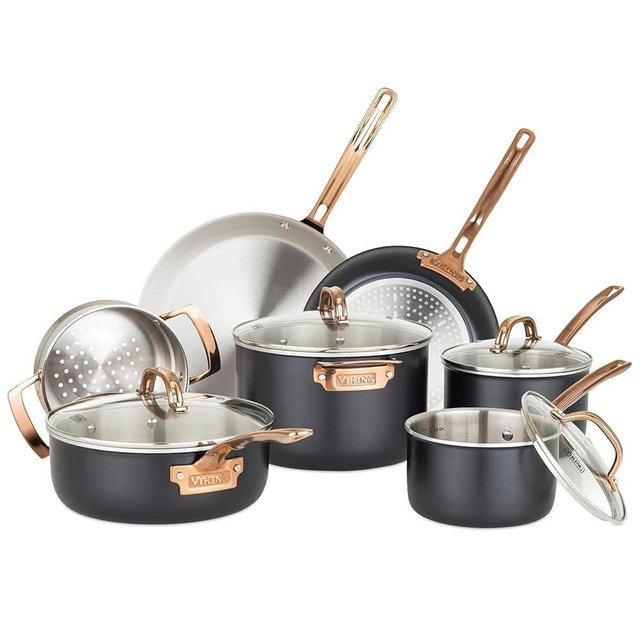 Viking Culinary 3-Ply 11 piece Cookware Set, Black with Copper with Glass Lids, Works on All Cooktops including Induction