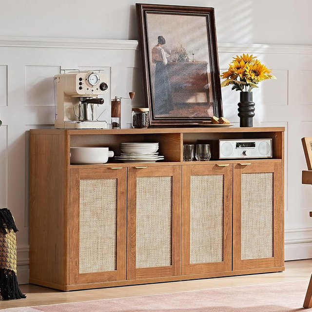 LEYAOYAO Rattan Sideboard Buffet Cabinet,55" Coffee Bar Cabinet with 4 Doors & Open Storage Shelf,Modern Credenza Console Table for Living Room Rattan Farmhouse entryway Brown