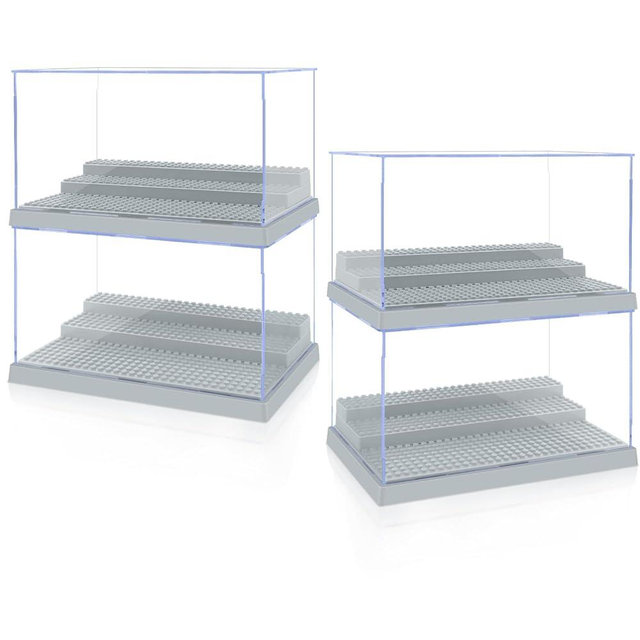 4 Pack Display Case for Minifigure Action Figures Blocks, Acrylic Minifigure Display Case Box Storage with 3 Movable Steps Gift for Kids Adults (Grey)