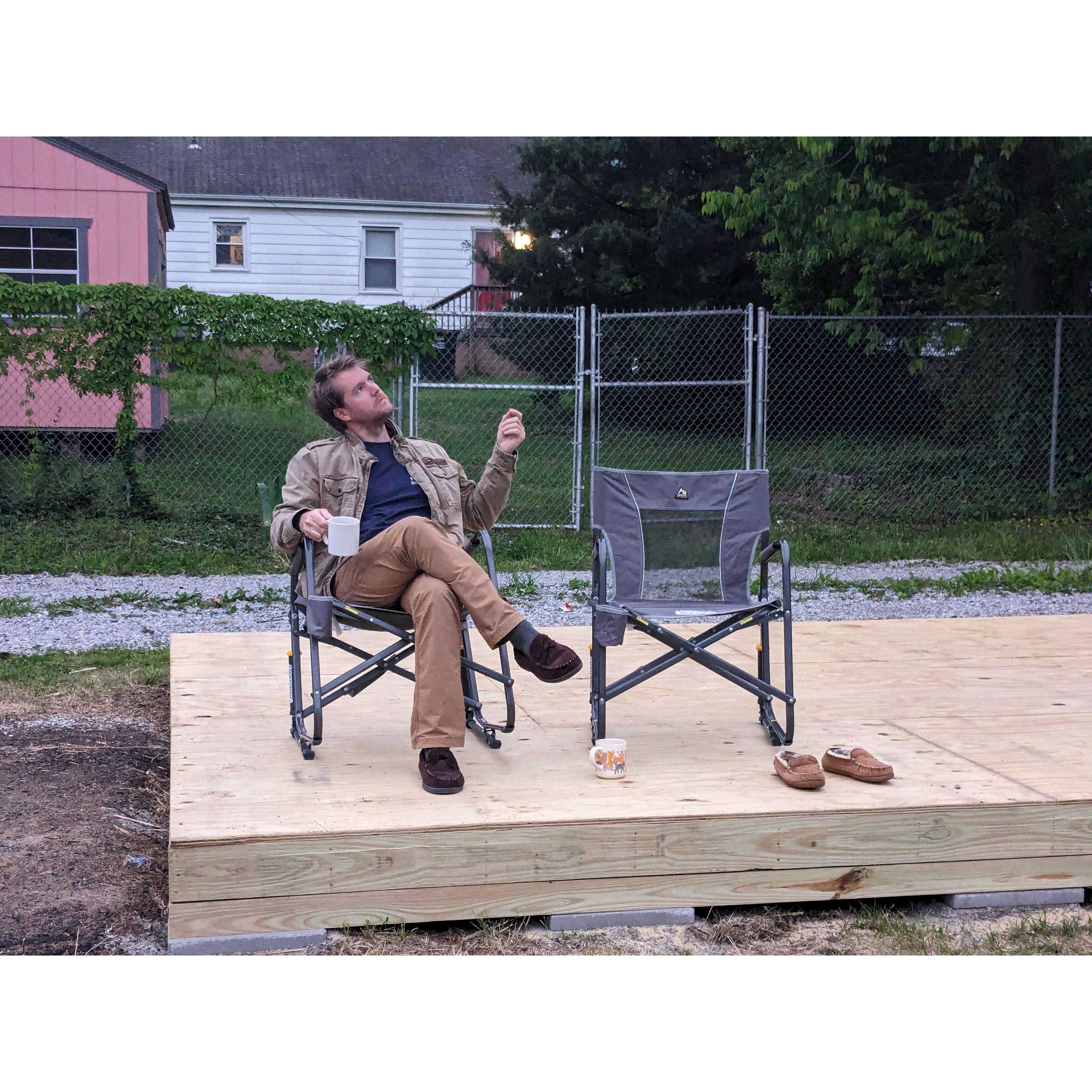 We celebrated the beginnings of the famous backyard shed with morning coffee and rocking chairs.