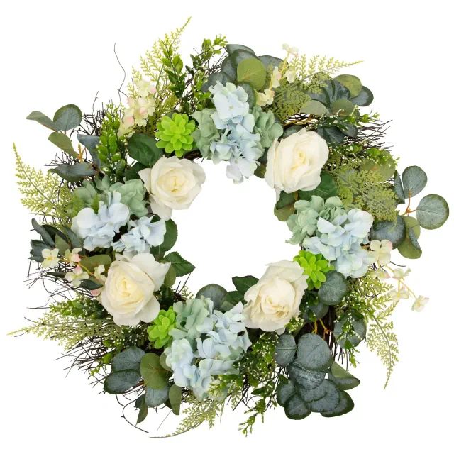 Northlight Hydrangea, Rose and Geranium Artificial Floral Spring Wreath, White and Blue - 24-Inch