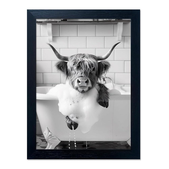 Highland Cow Bathroom Decor, Funny Bathroom Wall Art, Highland Cow in Bathtub Farmhouse Canvas Print, Black and White Cow Pictures Wall Decor, Framed Animal Pint Artworks for Wall