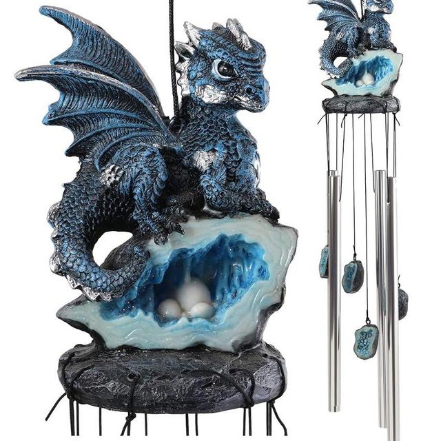 Ebros Gift Medieval Blue Dragon Guarding Aquamarine Crystal Geode Rock Figurine Crown Top Resonant Wind Chime with Miniature Geode Rocks Ornaments for Garden Patio Home Fantasy Dungeons and Dragons