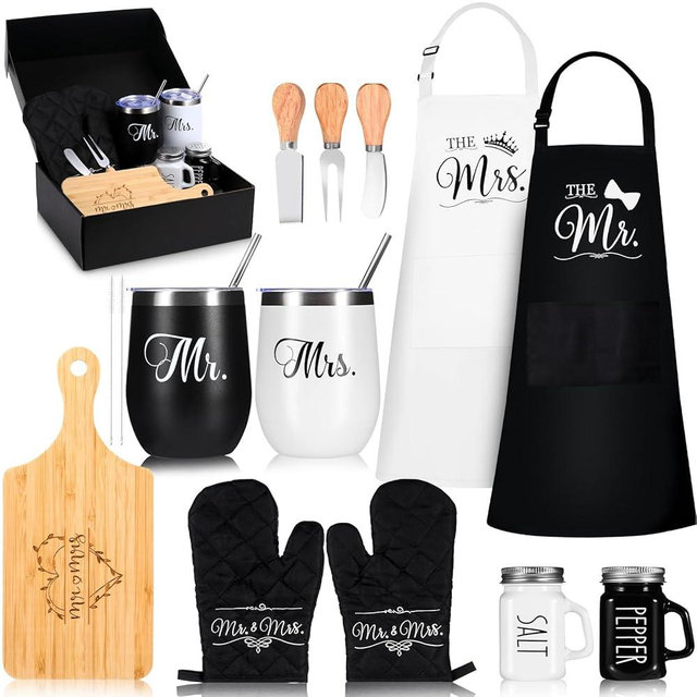 Wedding Gifts for Couples 2025 Personalized Mr & Mrs Gifts Engagement Gift for Newlyweds Wedding Honeymoon Present with 12 oz Insulated Tumblers Charcuterie Boards and Knives Mr & Mrs Aprons Gloves