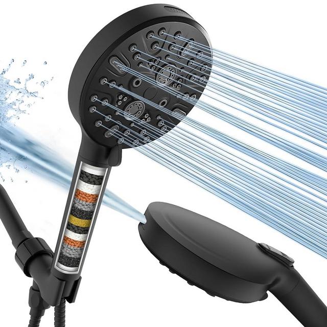 Cobbe Handheld Shower Head with Filter, High Pressure 9 Spray Mode Showerhead Built-in Power Wash with Hose, Bracket and Water Softener for Hard Water Remove Chlorine, Matte Black