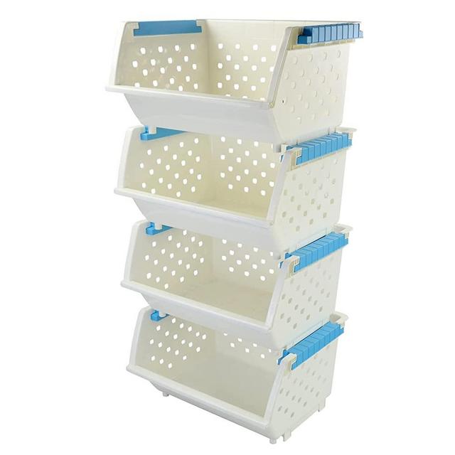 Sosody 4 Pack Large Stackable Pantry Bins, Plastic 4 Tier Basket Shelf, White with Light Blue Handle